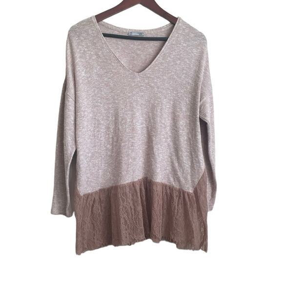 Zara Womens Sweater V-Neck Long Sleeve Pullover‎ Lace Floral Bottom Boho M Beige - Picture 1 of 9